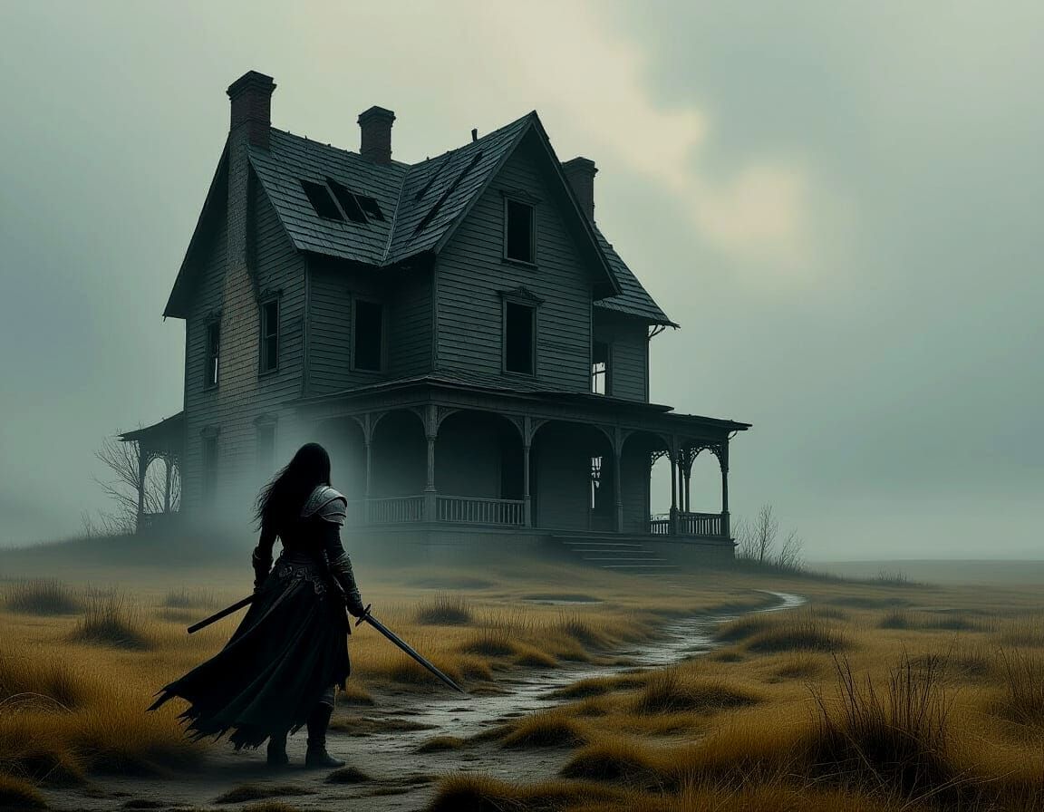 Warrior Woman Silhouetted Against Ancient House Oil Painting