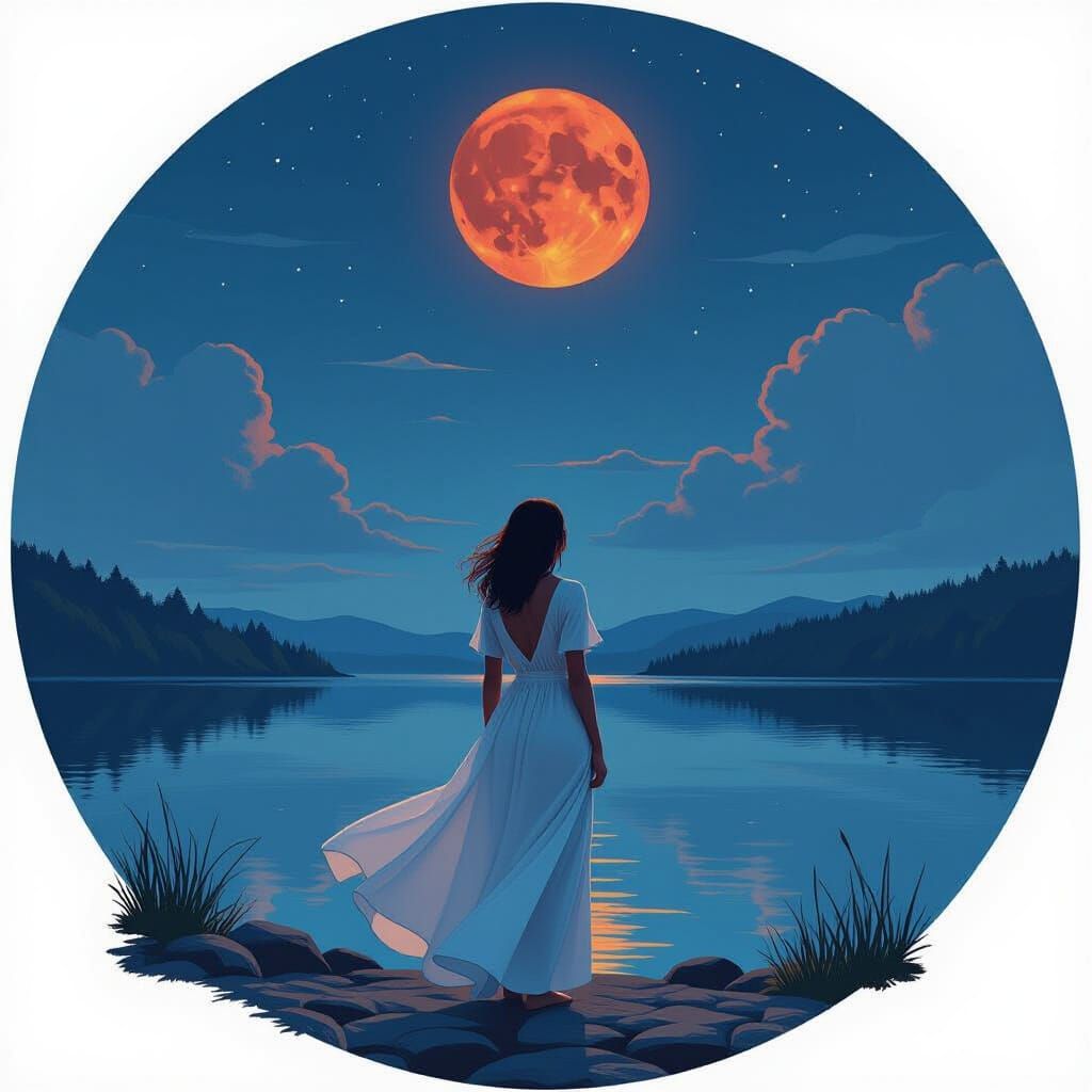 Blood Moon Panorama with Tranquil Lake, Dreamy Art