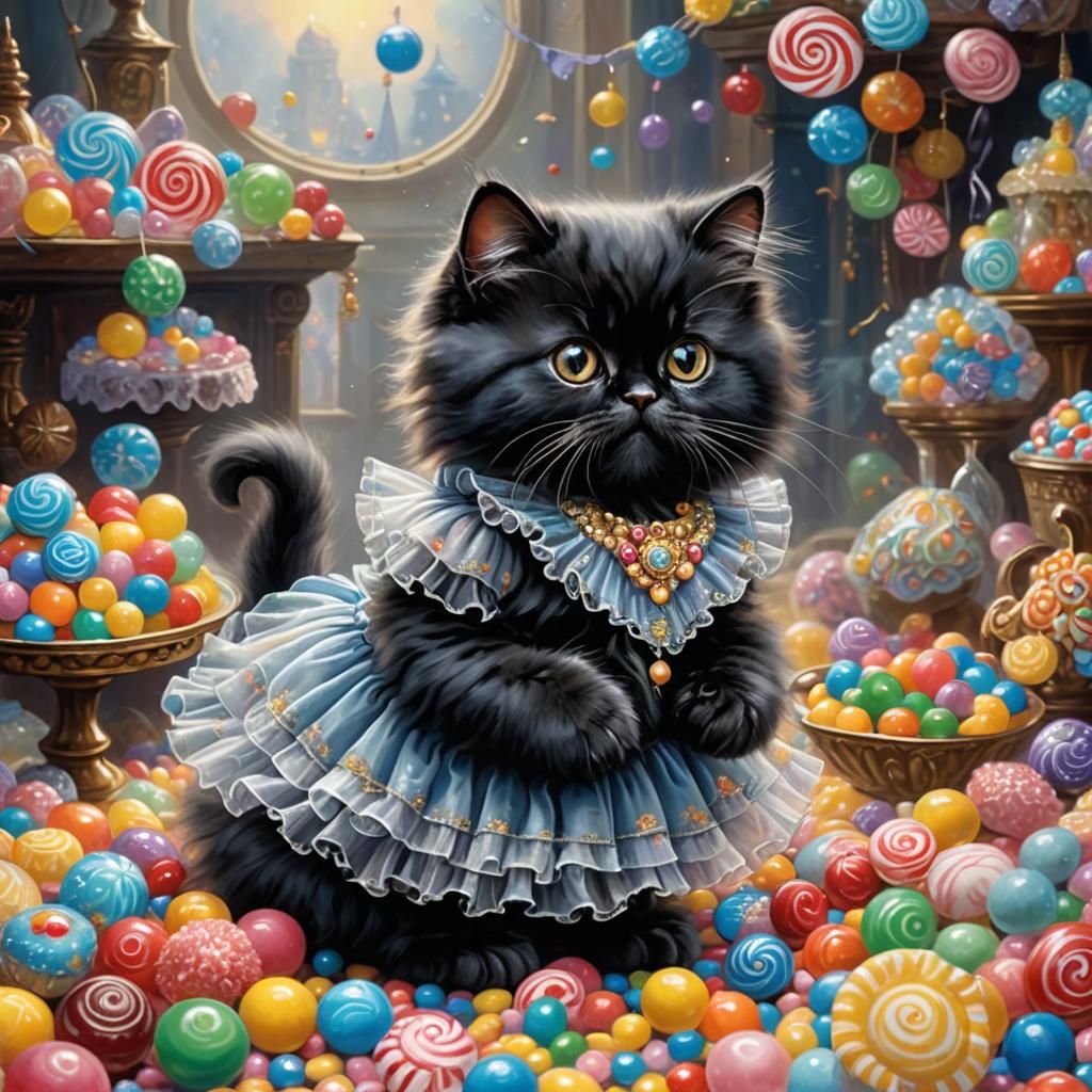 Black Persian Kitten in Candy Dreamscape