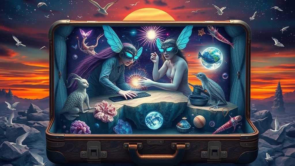 Surreal Seascape Suitcase: Ethereal Figures in Sunset Galaxy