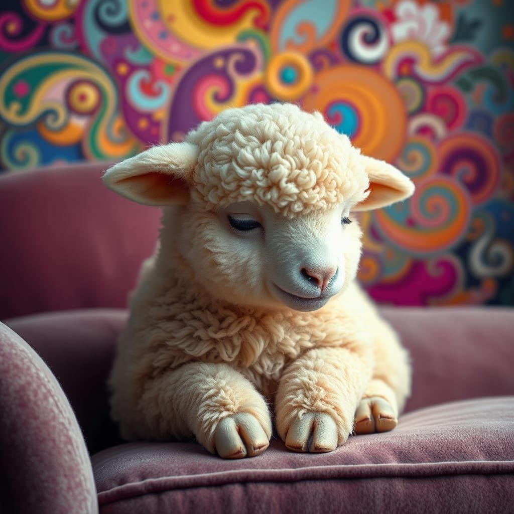 A Sleepy Sheep Finds Solace on a Plush Velvet Sofa