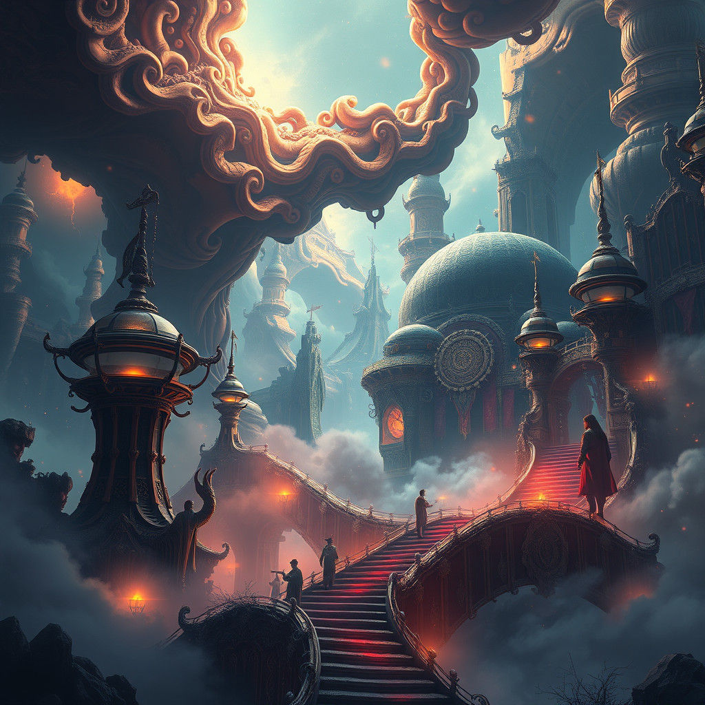 Ethereal Landscape with Mechanical Elements in Jewel Tones