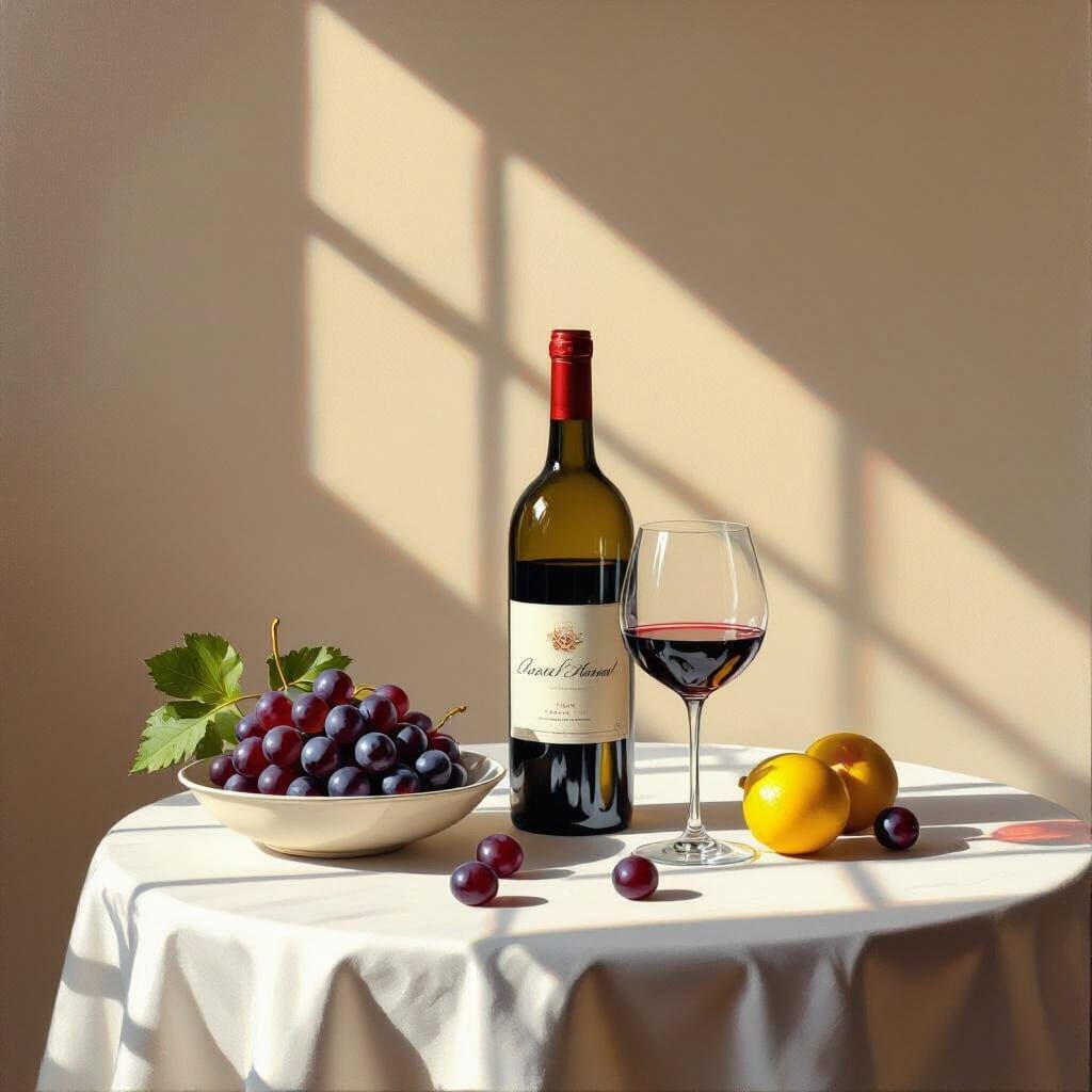 Photorealistic Still Life with Wine in Vermeer Style
