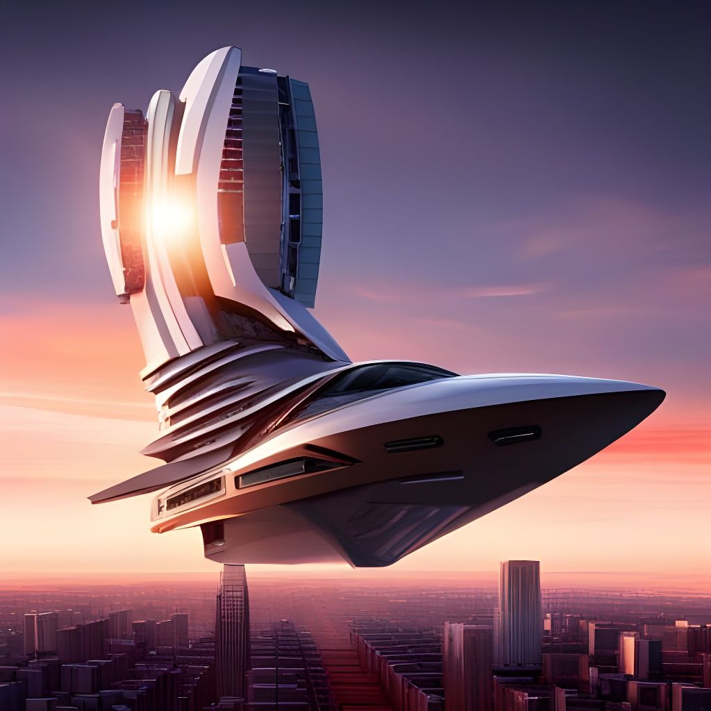 Sleek Black and Gold Spaceship Enters Spaceport