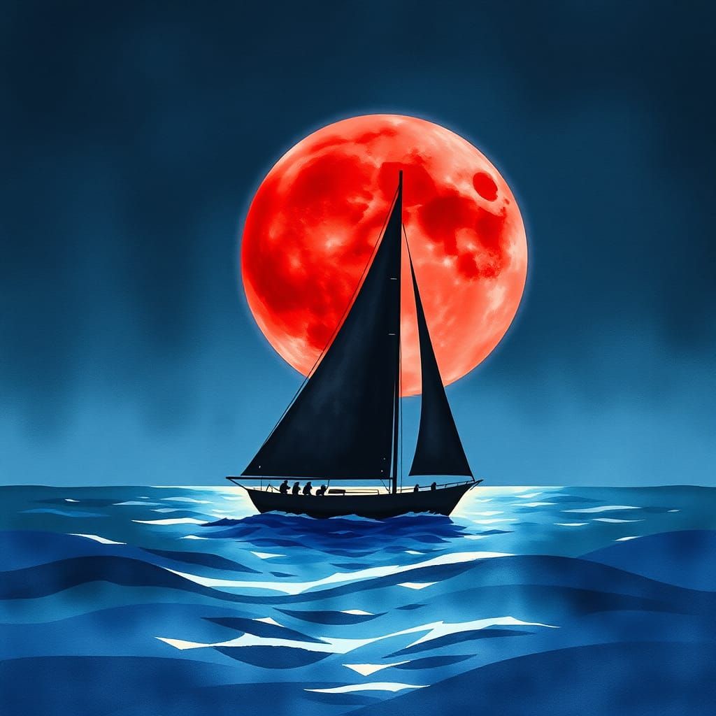 Black Sailboat Under Red Moon in Watercolor Style