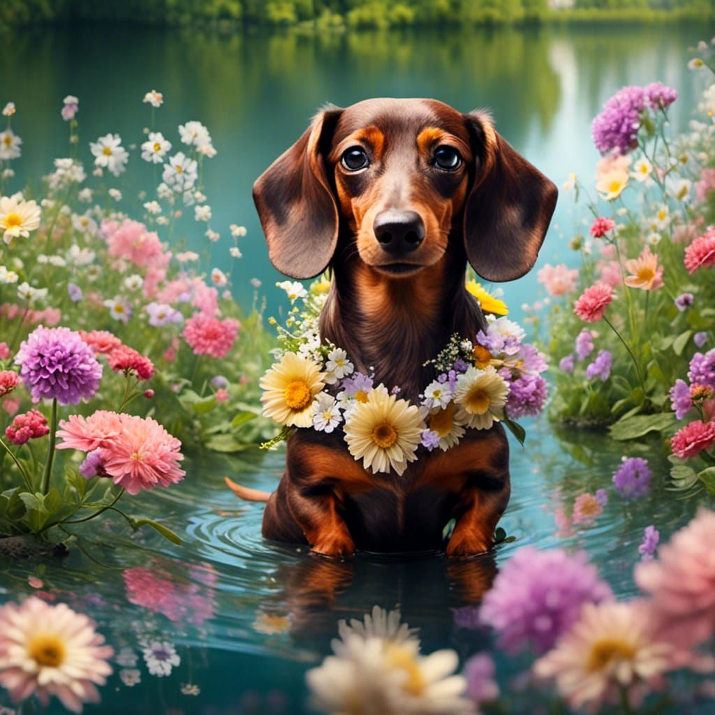 Floral Dachshund Dog by Lake: Hyperreal Art