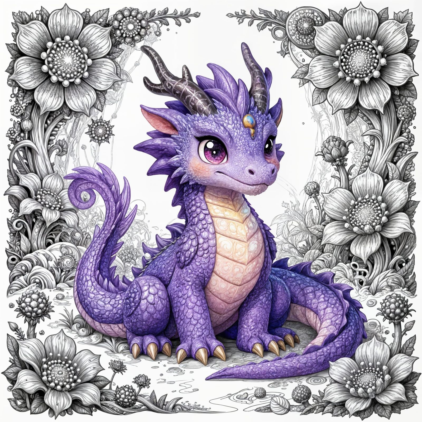 Fantasy Purple Dragon Coloring Page with Intricate Floral Ba...