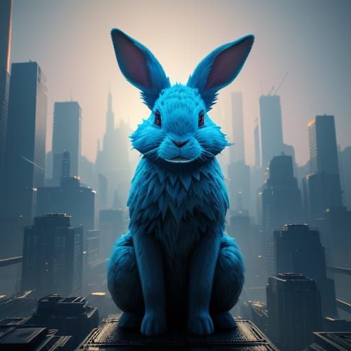 Glitching Rabbit in Sci-Fi Cityscape: 3D Render