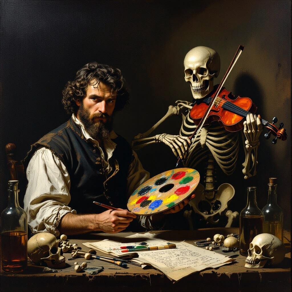 Solemn Painter and Grinning Death in Gothic Studio
