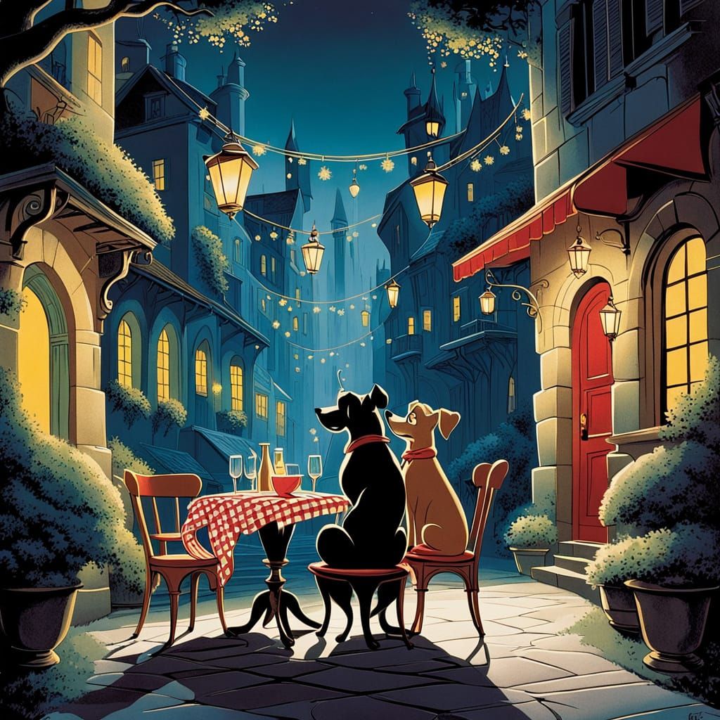 Romantic Disney-Style Dogs Share Spaghetti at a Cozy Italian...