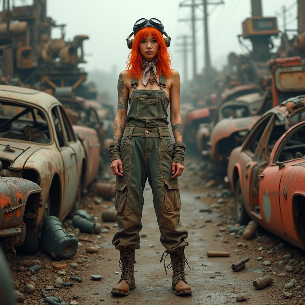 Confident Mechanic in Junkyard, Gritty Realism Style