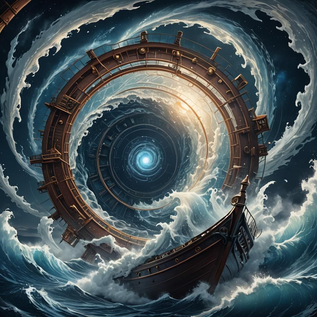 Epic Whirlpool Engulfs Ship in Dreamlike Marine Art