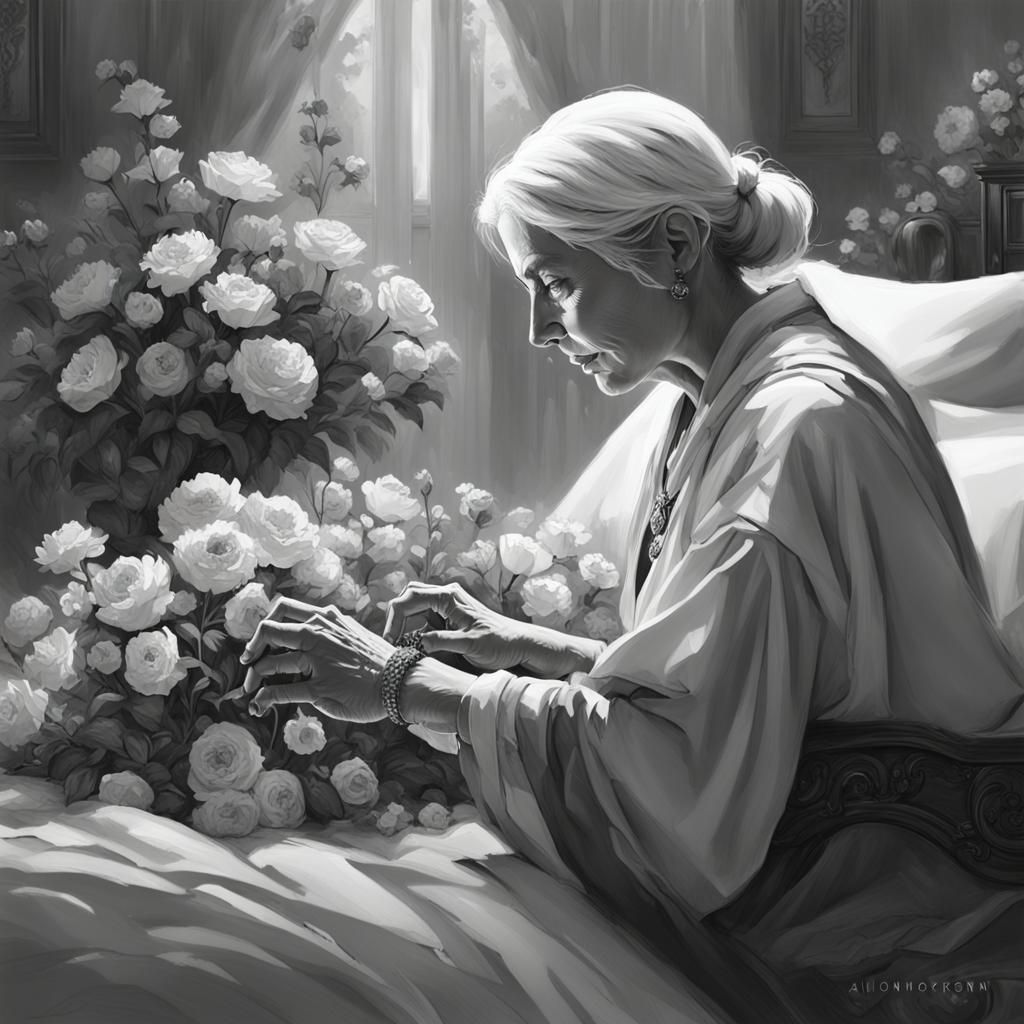 Monochrome Portrait of Woman with Ring and Flowers