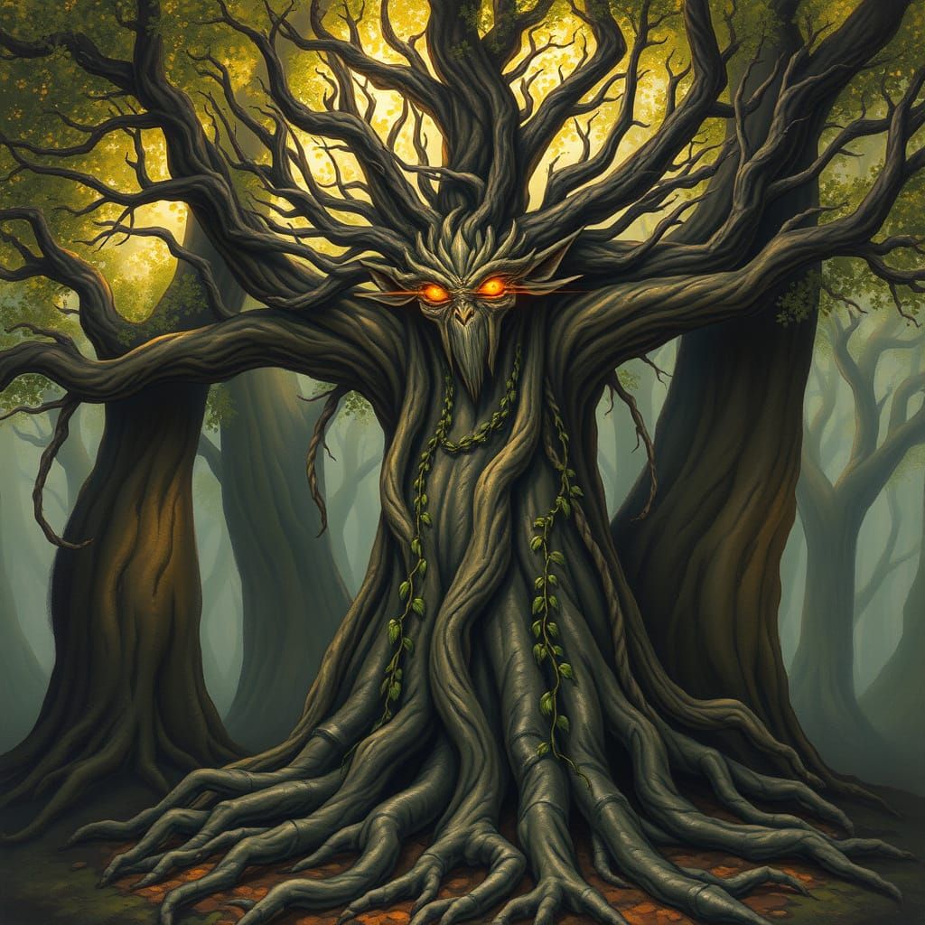 Tree Spirit Guards Ancient Forest in Art Nouveau Style