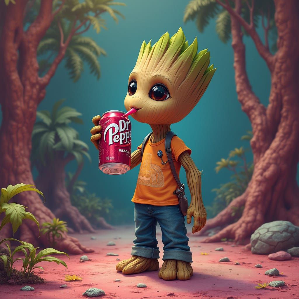 Baby Groot Drinks Dr. Pepper: Whimsical Art