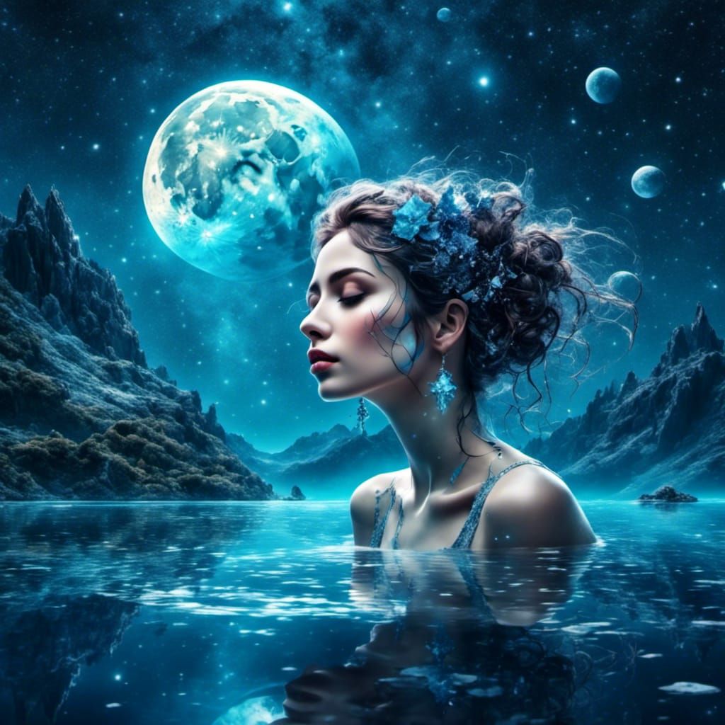 Woman Swimming with Moon and Stars in Unique Style