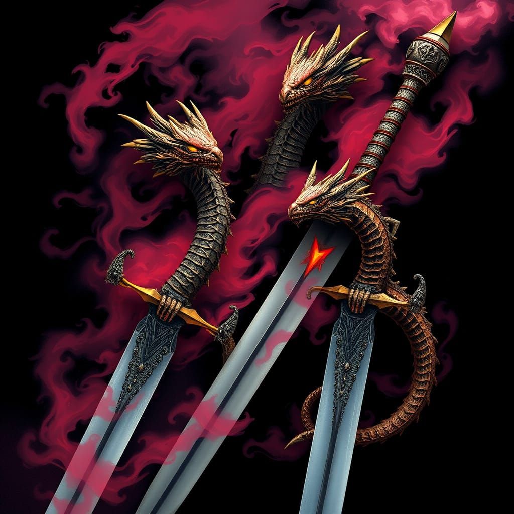 Epic Dragon-Handled Swords in Dark Fantasy Style