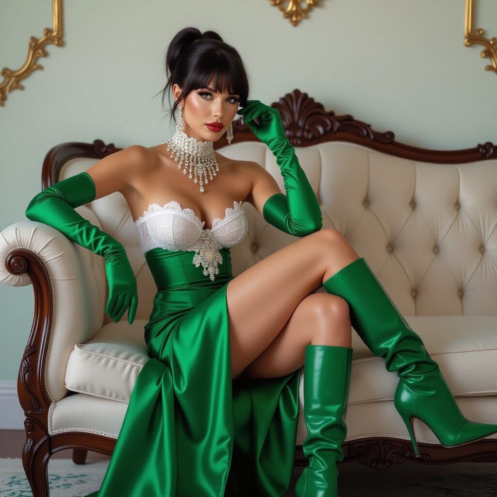 Woman in Green Dress with Lace Underwear