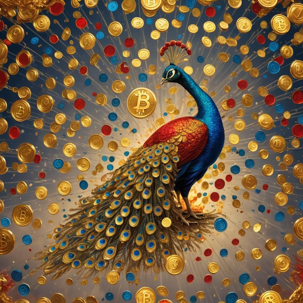 Bitcoin Peacock in Metallic Pixel Art Style