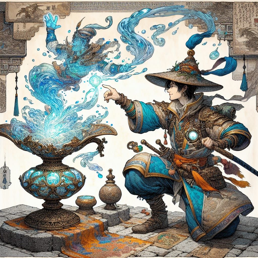 Water Genie Conjured in Ukiyo-e Fantasy Scene