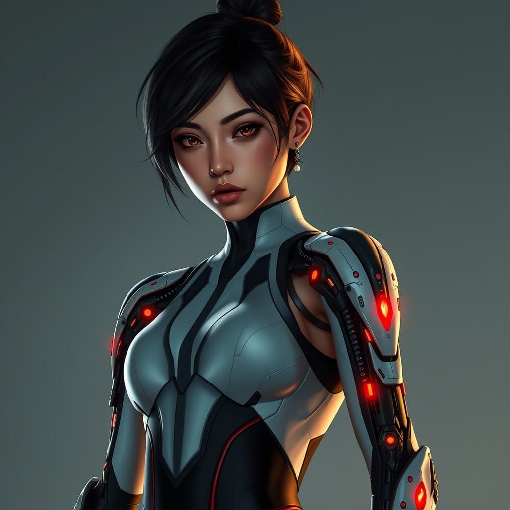 Cyberpunk Female: Intense Gaze in High-Tech Bodysuit