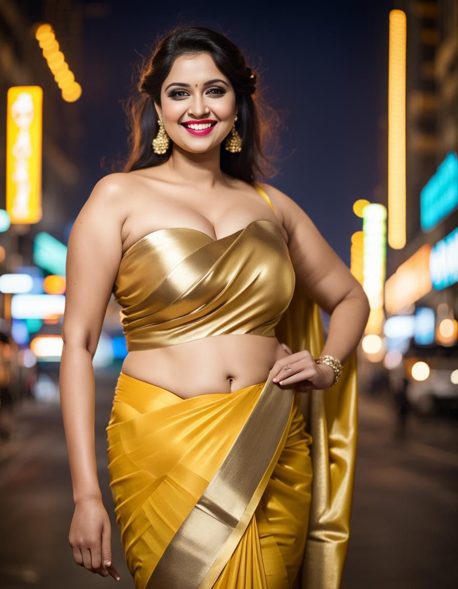 Curvy Woman in Golden Saree in Neon City