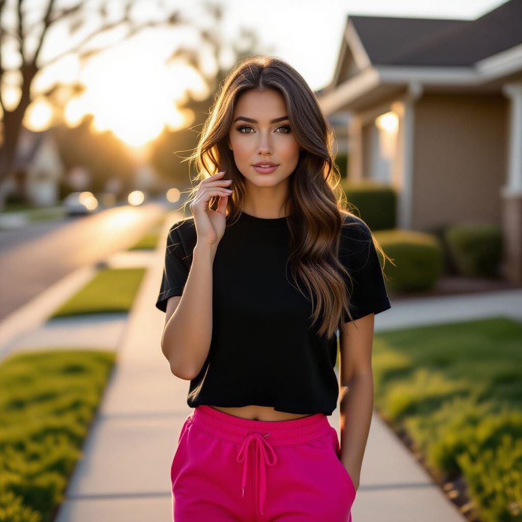 Woman in Pink Sweatpants on Sidewalk, Rim Light
