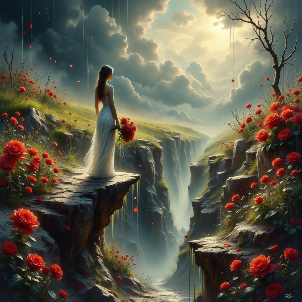Dreamlike Ravine with Stormy and Floral Landscapes