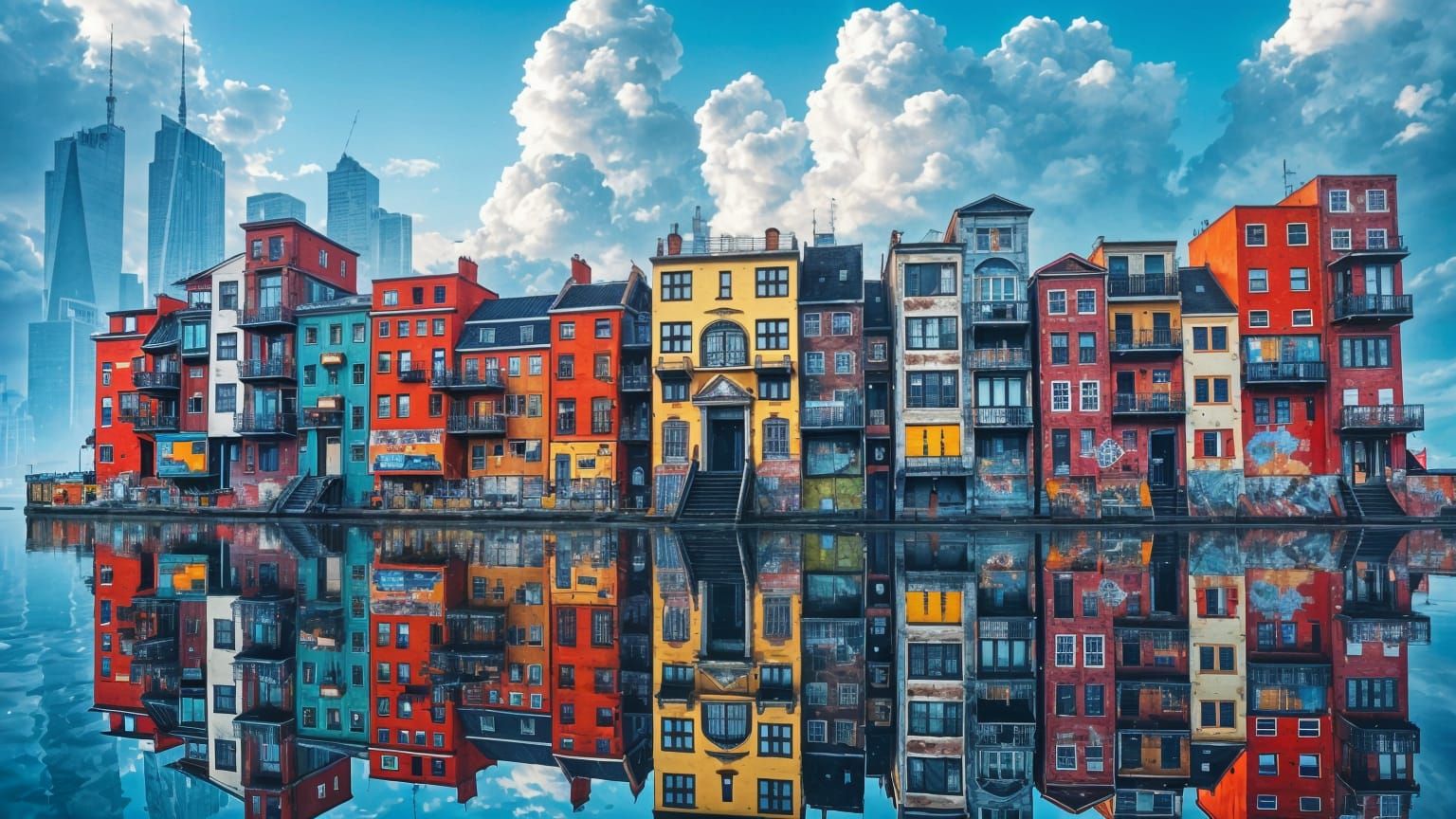 Colorful Graffiti Buildings Reflected in Water