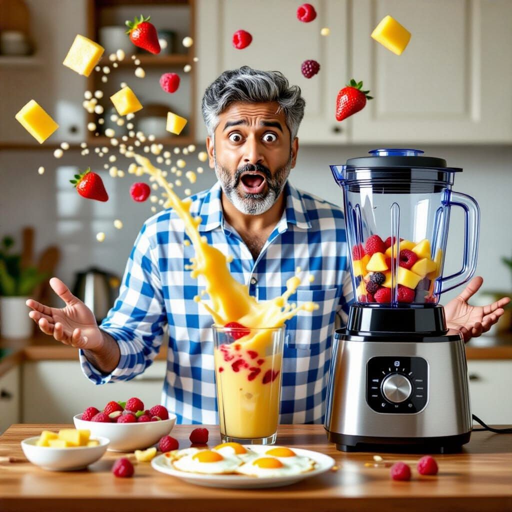 Shocked Man in Kitchen Chaos with Exploding Blender