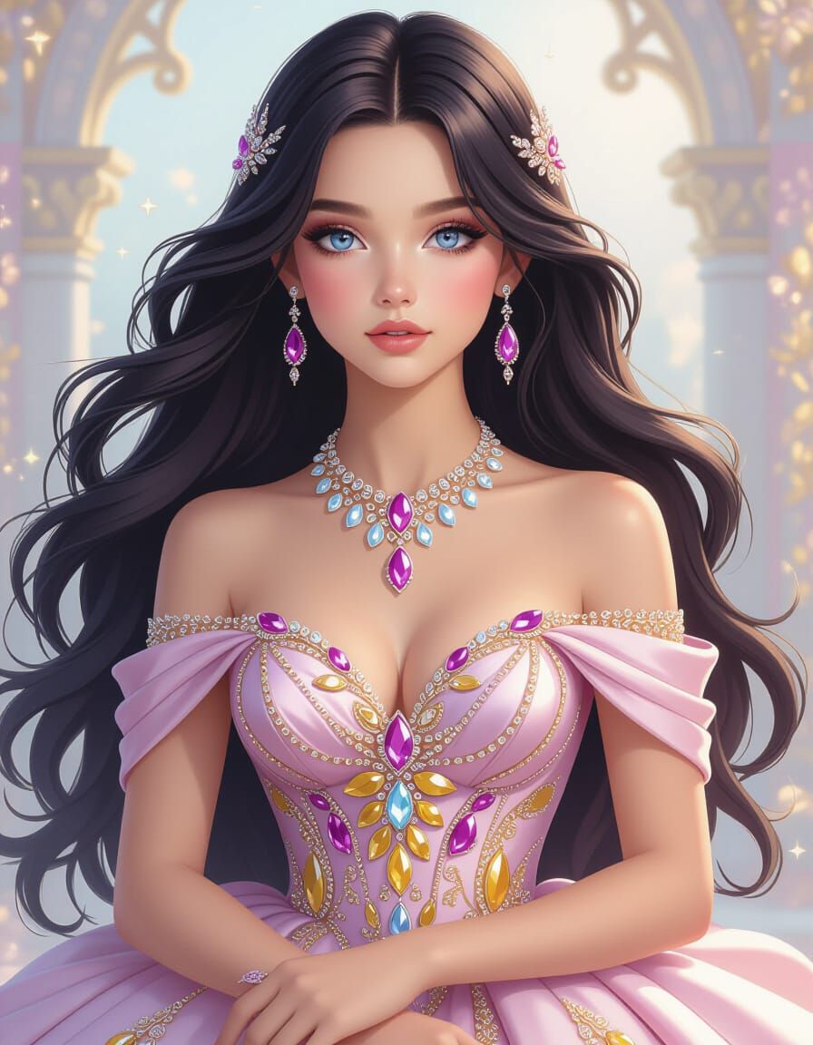 Girl in Gemstone Gown with Violet Diamond Necklace