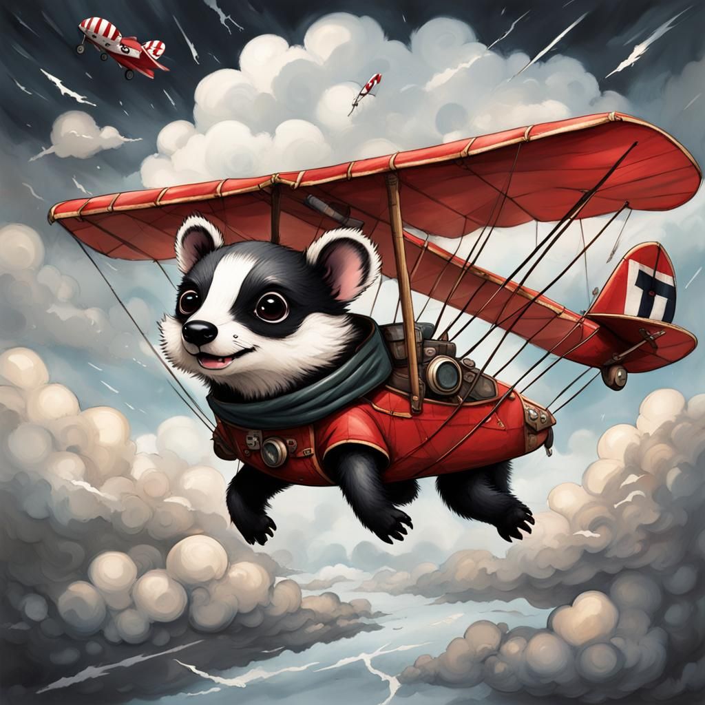 badger ... ww1 fighter red baron, large parachute above badger soaring through a stormy sky