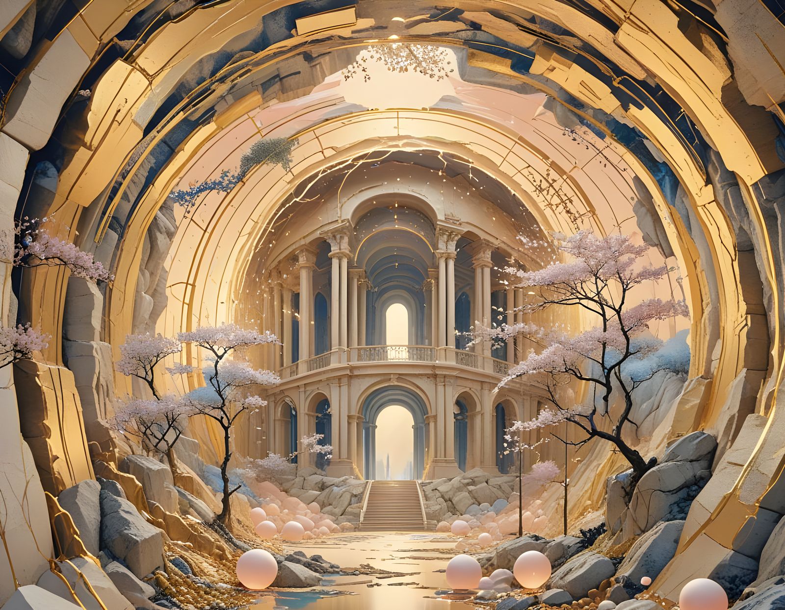 Kintsugi Porcelain Underground Landscape with Golden Spheres