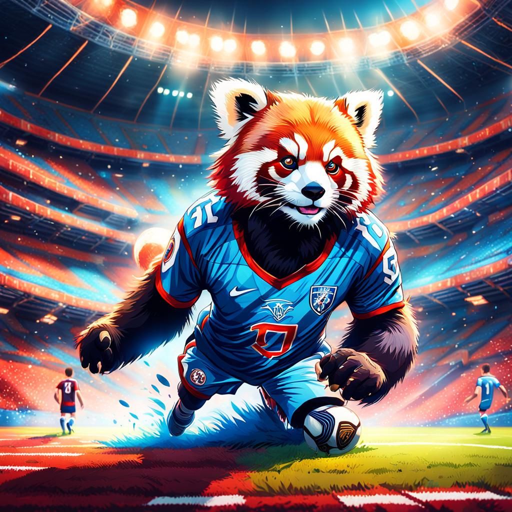 Red Panda Footballer Scores Goal in Fantasy Stadium