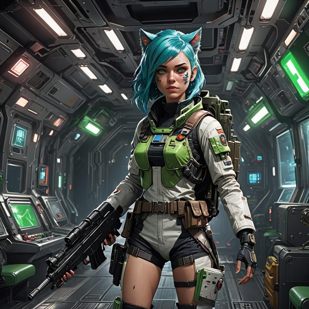 Punk Catgirl Cosmonaut Chats in Spaceship: 8K Sci-Fi Art