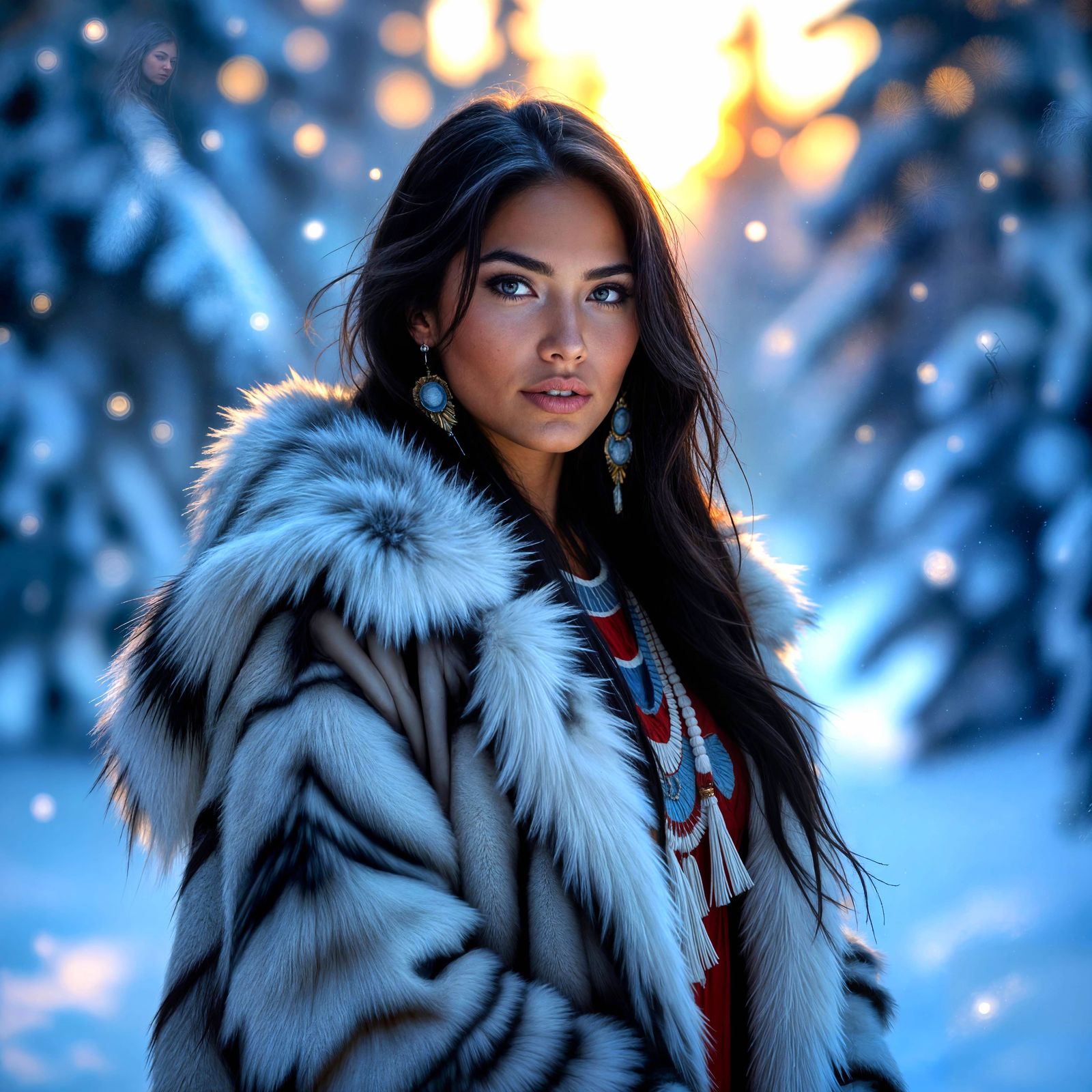 A native american woman wearing a wolf fur coat, standing in...