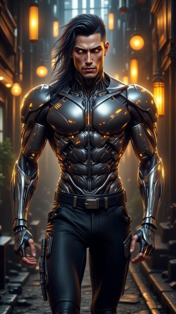 Male Cyborg-Human Hybrid in Art Nouveau Dark Fantasy Style