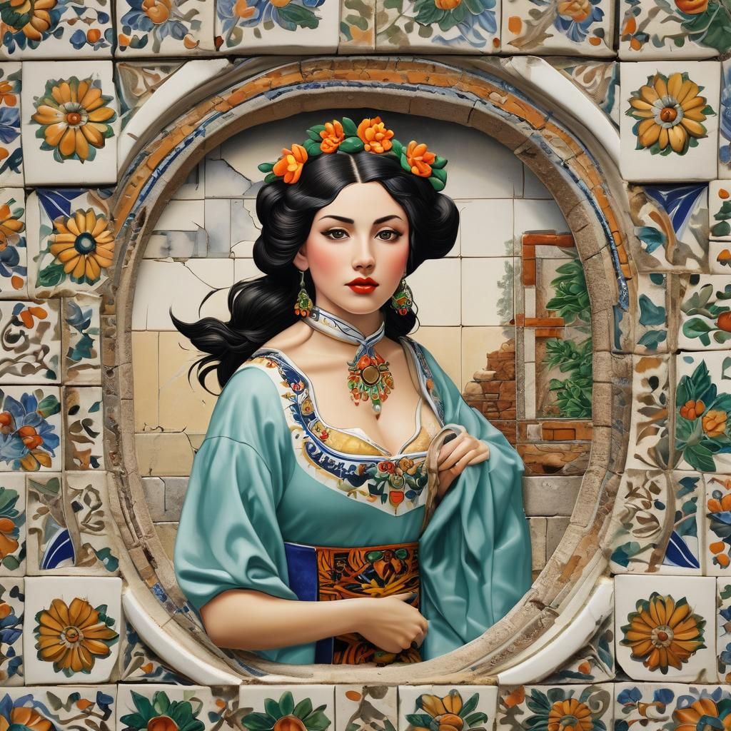 China Poblana in Broken Talavera Tile Wall