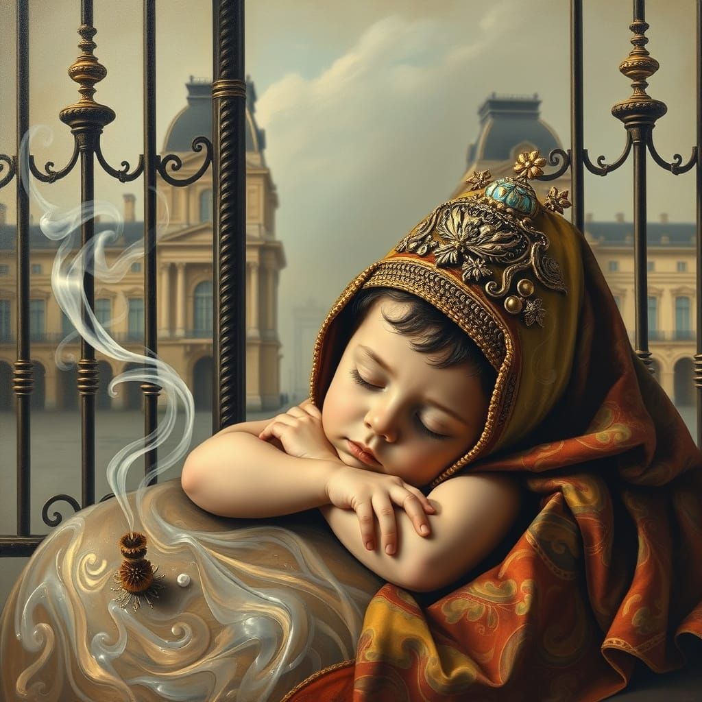 Child Sleeps at Louvre Gates in Surrealist Style