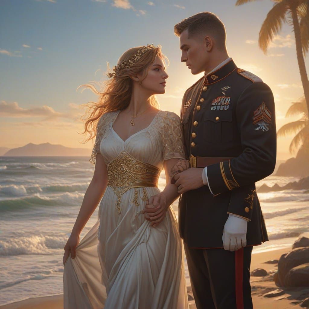 Ethereal Marine Couple Bask in Golden Hour by the Seaside