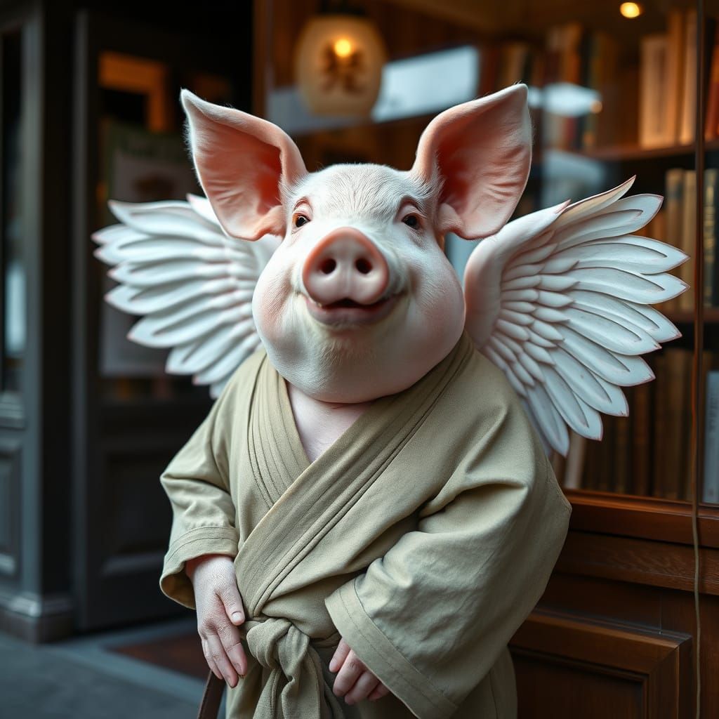 Anthropomorphic Pig Portrait with Wings and Toga