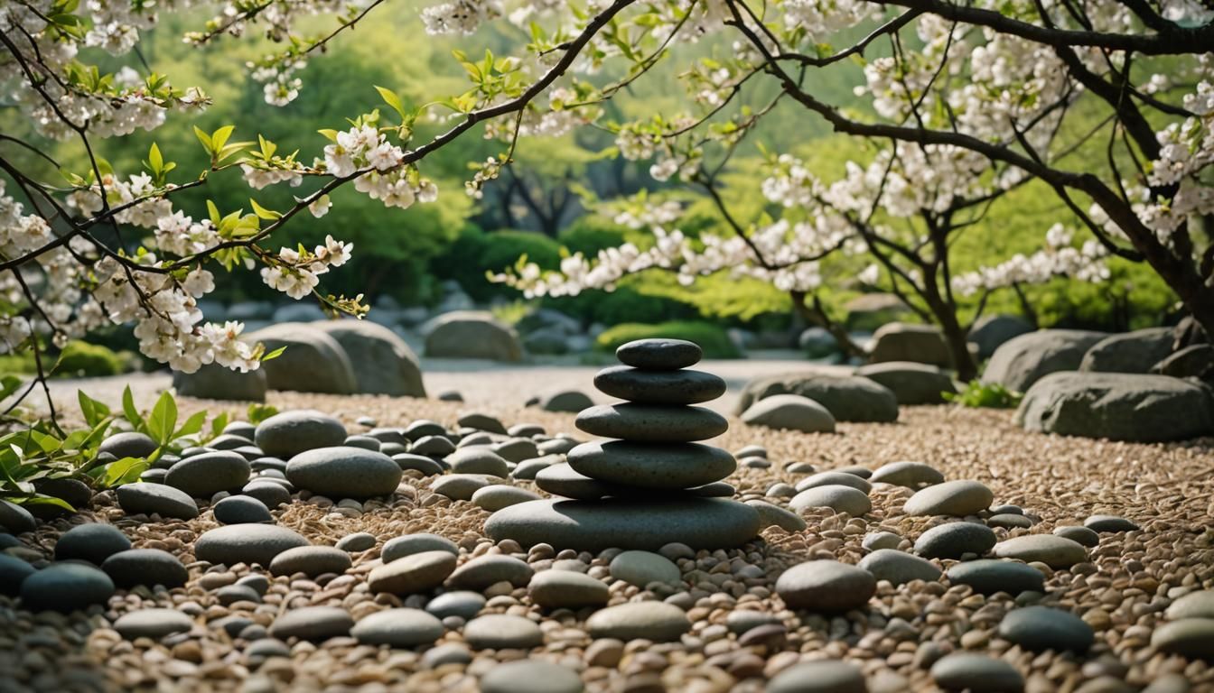 Zen Garden Pebbles Through Cherry Blossoms