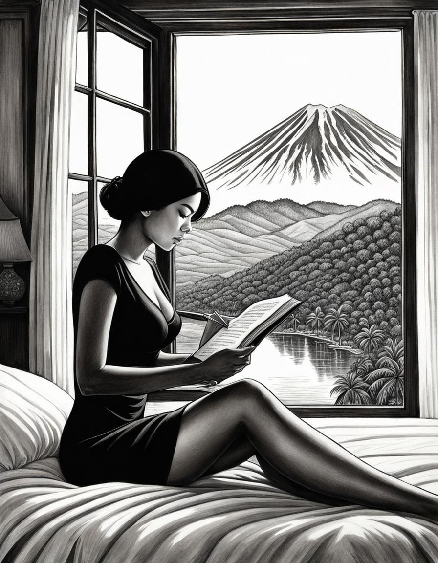 Indonesian Woman Reading Book: Detailed Pencil Drawing