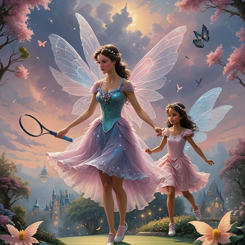 Fairies Play Tennis in Ethereal Pastel Sky