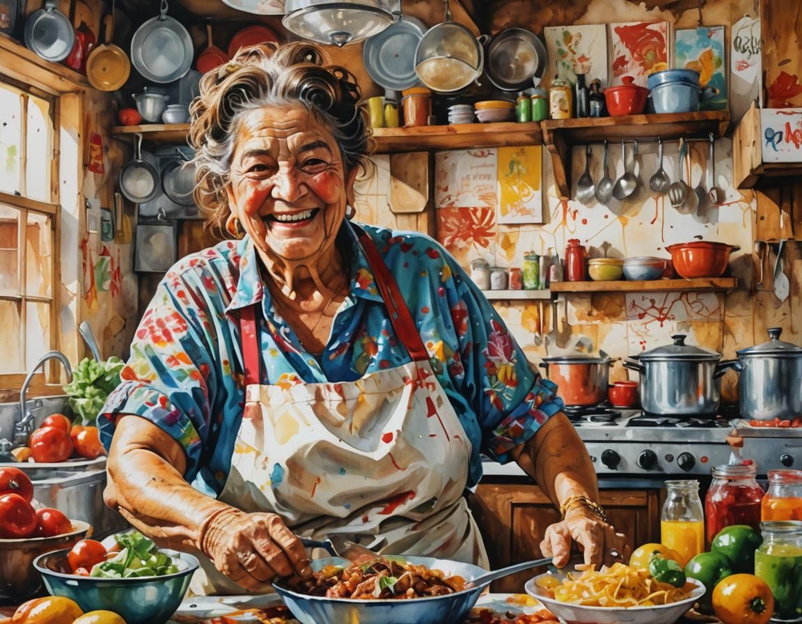 Colorful Abuela Kitchen: Impressionistic Oil Painting