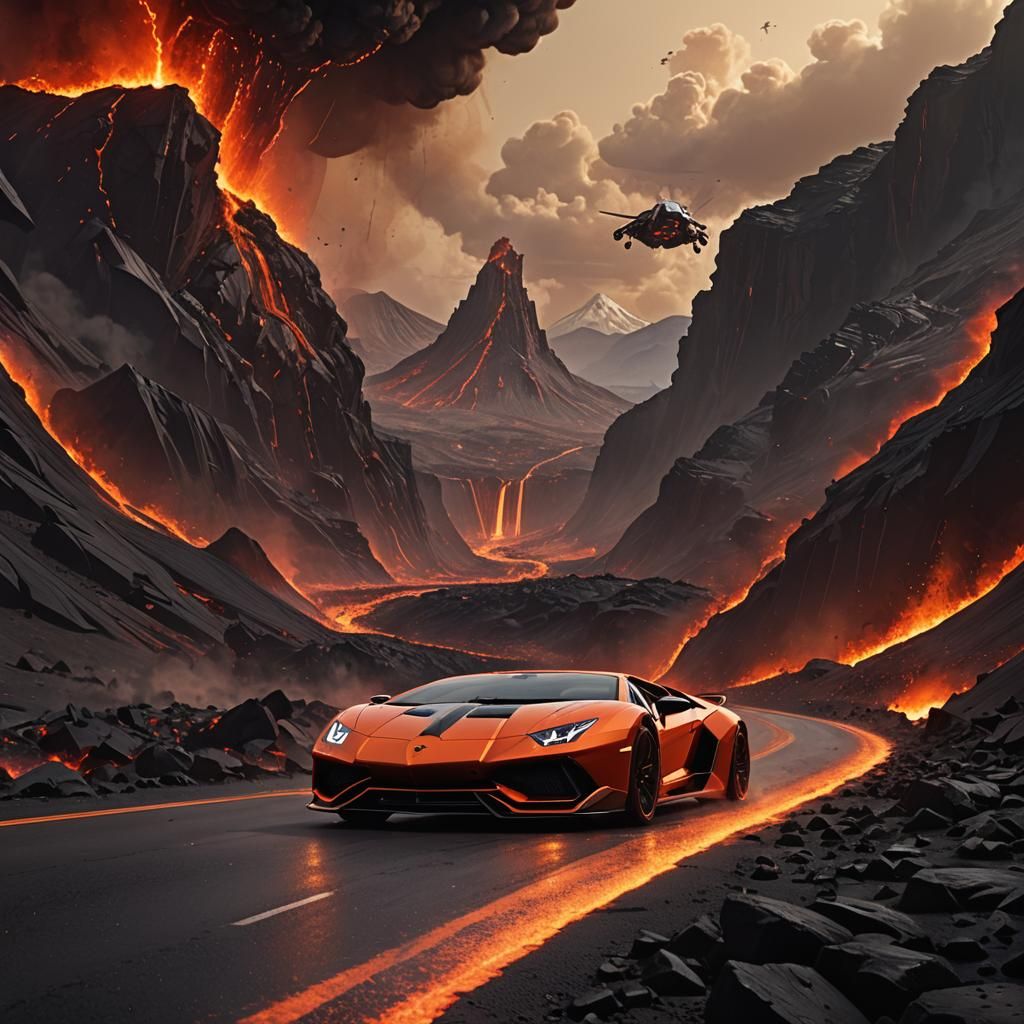 Futuristic Lamborghini Races on Lava Road