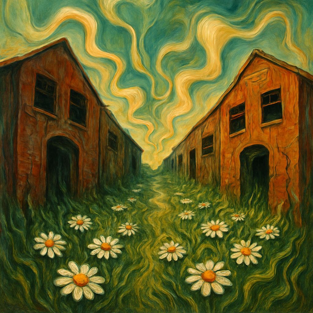Surreal Warehouses with Daisies: a Salvador Dali Dreamscape