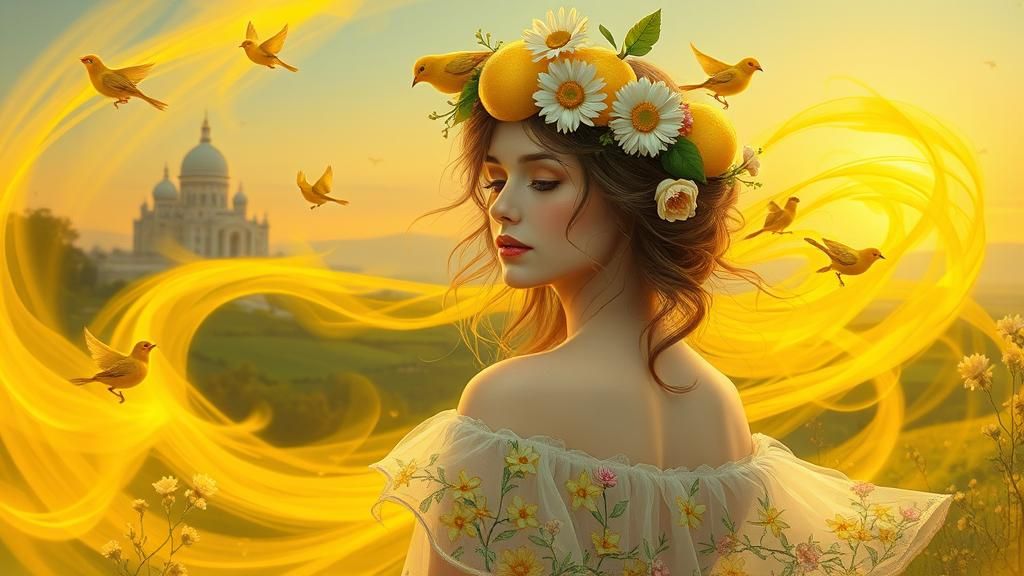 Mystical Woman with Lemons and Daisies in Ethereal Style