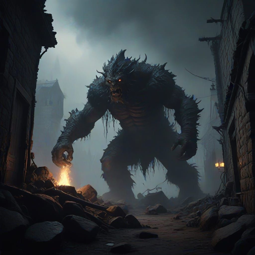 Dark Fantasy Village Attack in Gustave Doré Style