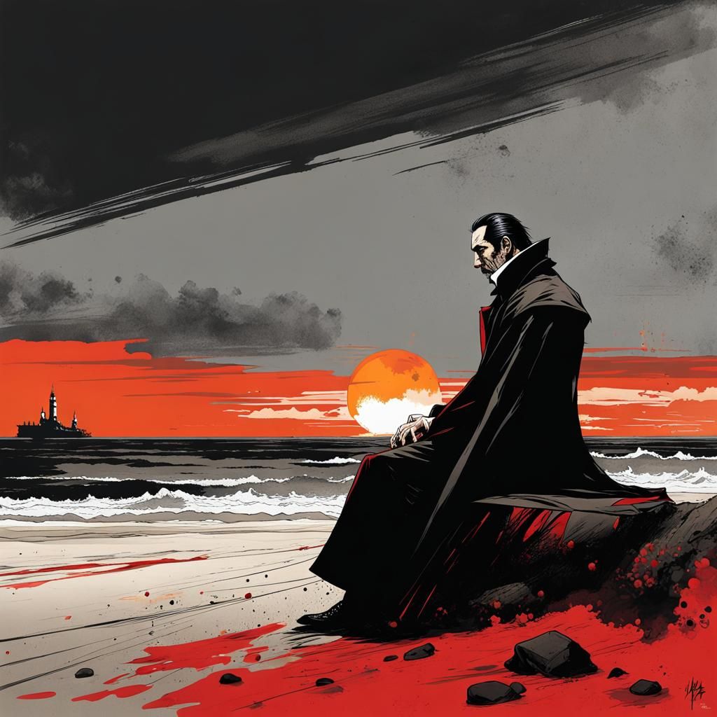 Dracula's Dystopian Sunrise: A Chiaroscuro Beach Scene